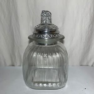 Artland Clear Ribbed Glass Canister Jar Monkey Pewter Lid Farmhouse Kitchen old